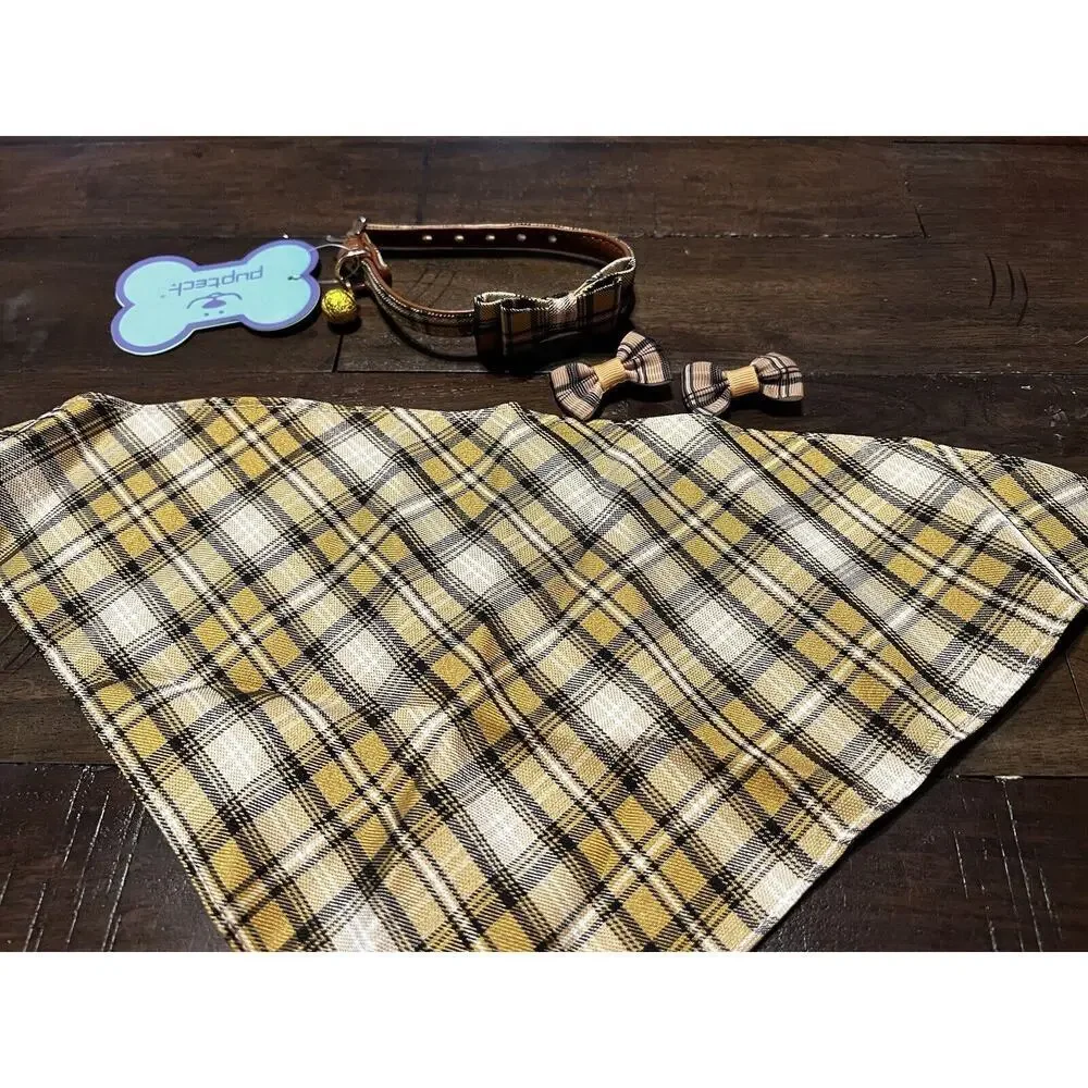 NEW Puptek Dog Collar with Bow Tie & Triangular Plaid Scarf and Two Ear Bows